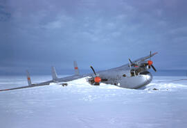 Crashed York 4 engine cargo plane near Observation Monument, southwest corner of Hall Lake. Shown...