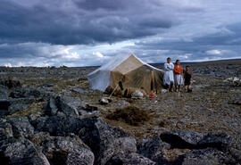 Quilliam Bay area with a small temporary Eskimo hunting camp site. Consisting of two families and...