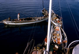 Slides taken on a boat that moved V. Sim and R. Moskal to Igloolik. Slides show boats being towed...