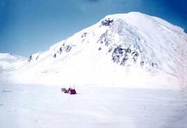 Rat Lake area topography located north east of Isachsen. Early model snow tracked vehicle pulling...